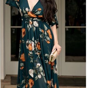 Baltic Born Green and Orange Flutter Sleeve Maxi Dress